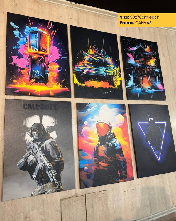 Set of six colorful posters with gaming-themed designs on a wall.