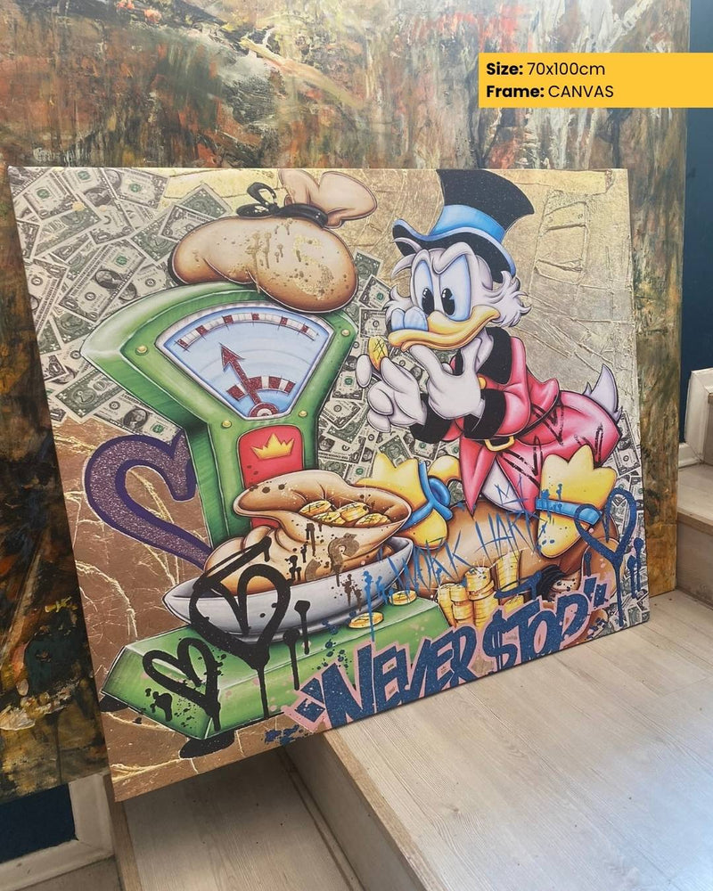 Canvas print with a cartoon character and arcade machine design, featuring the text 'Never Stop'.
