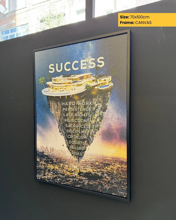 Framed artwork with 'SUCCESS' and motivational words on a cityscape background.