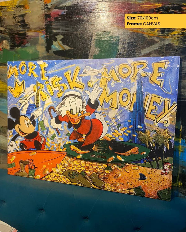 Canvas print with cartoon characters and text 'More Risk, More Money!' on a textured surface.