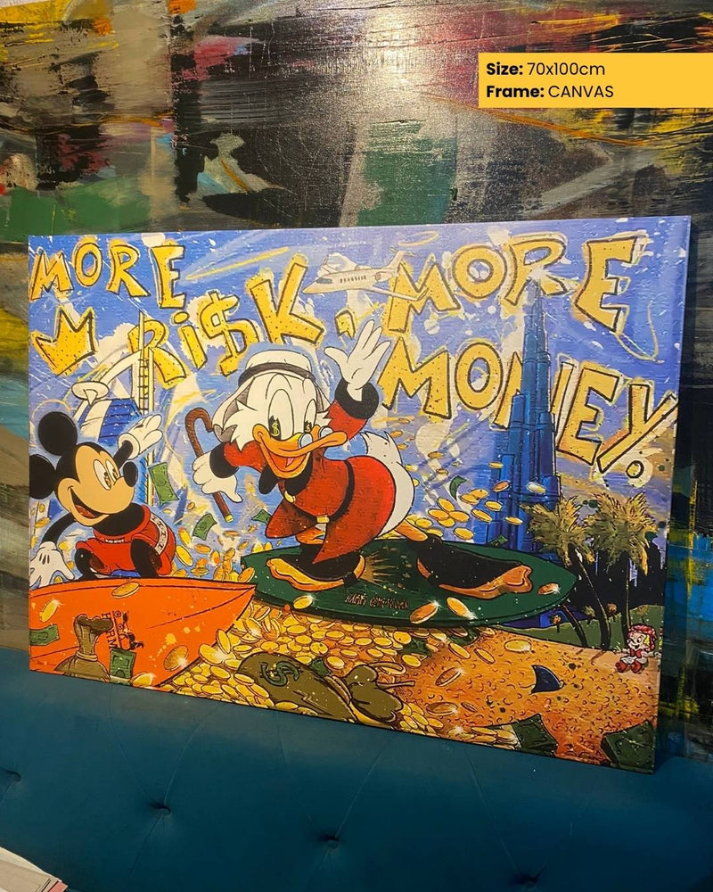 Canvas print with cartoon characters and text 'More Risk, More Money!' on a textured surface.