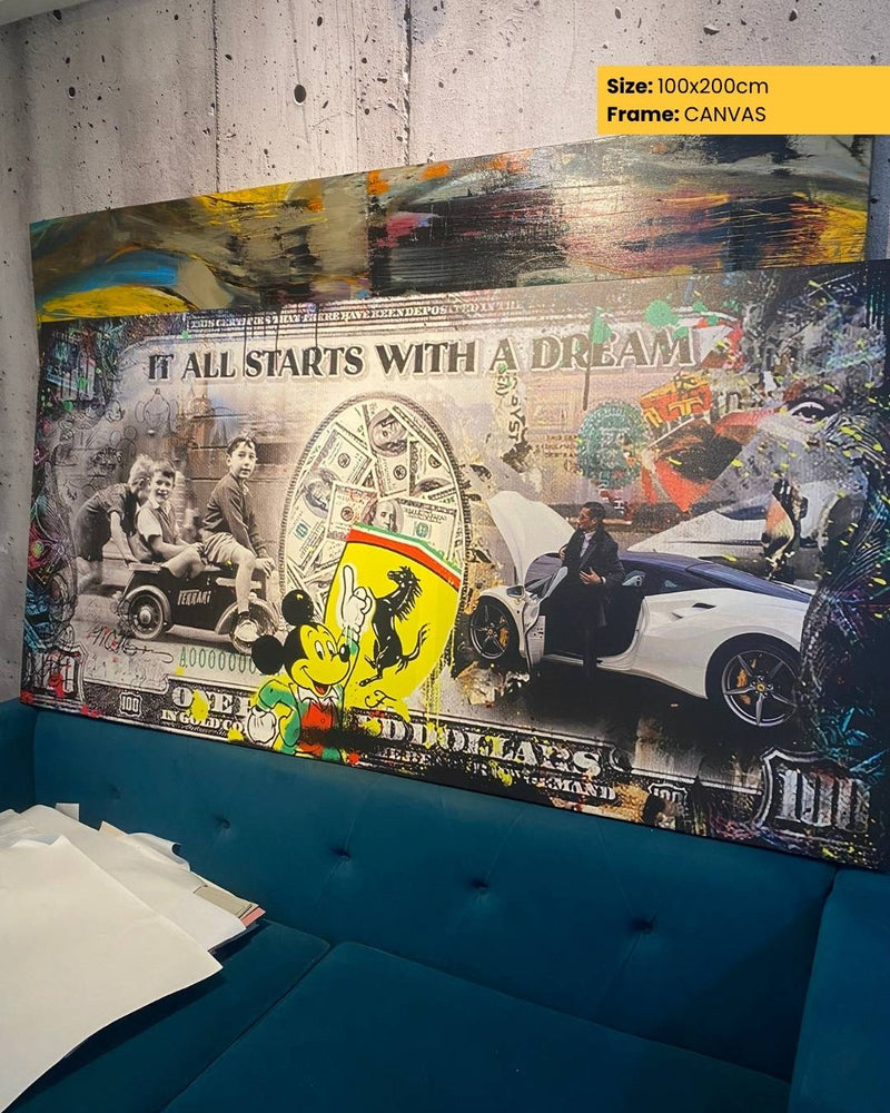 Collage-style artwork with text 'It all starts with a dream' on a textured wall.
