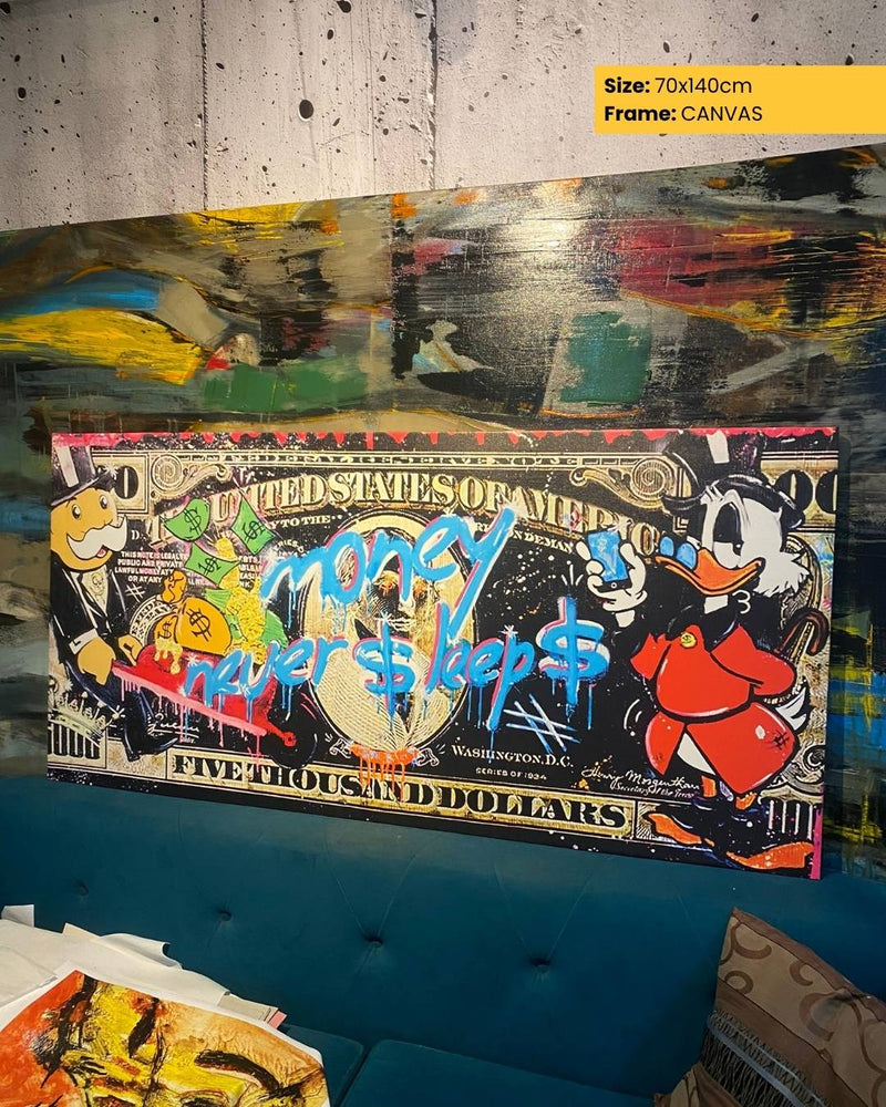 Colorful artwork on a canvas with cartoon characters and text, displayed against a textured wall.