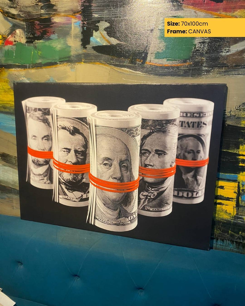 Canvas print of rolled-up dollar bills with a colorful abstract background