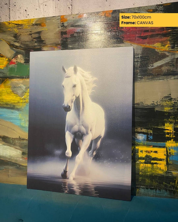 Canvas print of a white horse running on water against a colorful abstract background.