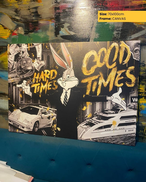 Canvas print with cartoon character and text 'Good Times Hard Times' on a colorful background