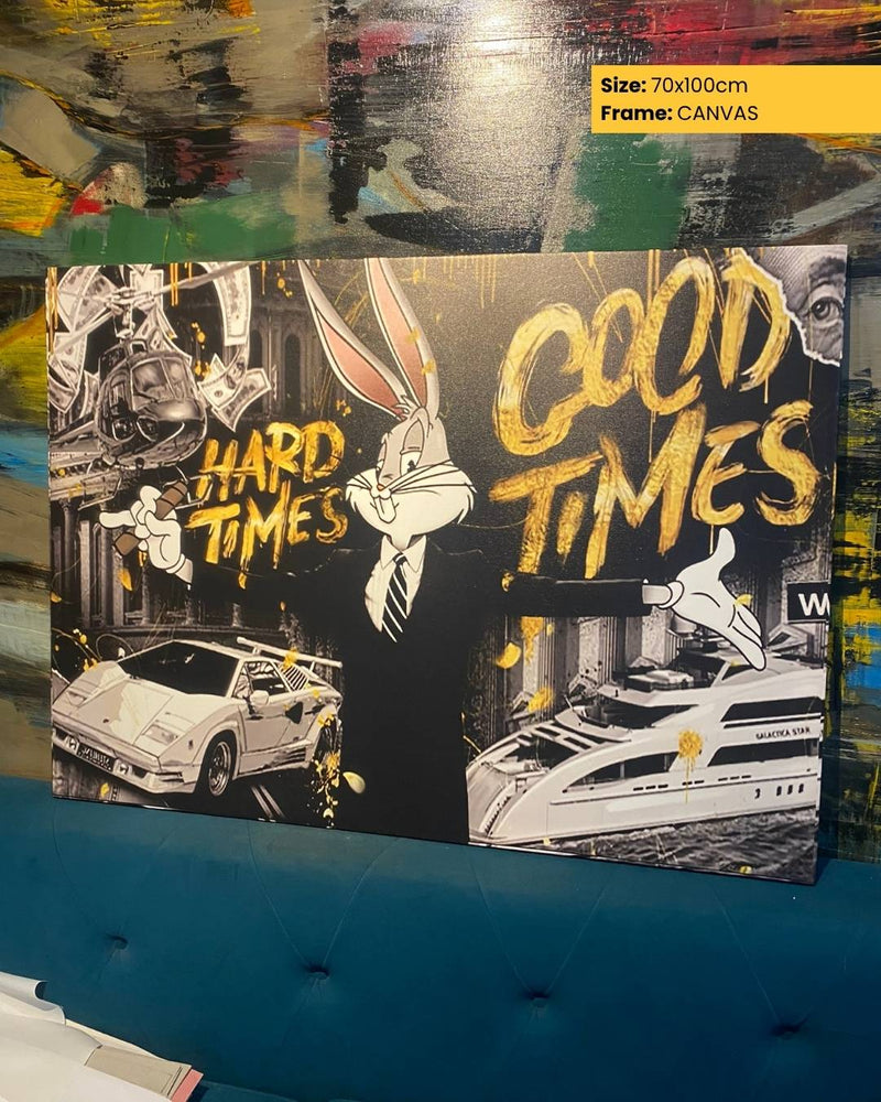 Canvas print with cartoon character and text 'Good Times Hard Times' on a colorful background