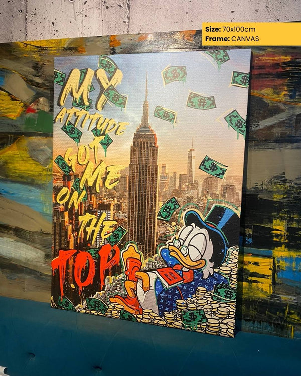 Canvas print with a cartoon character and text in an urban setting