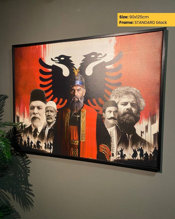 Framed artwork with historical figures and an eagle emblem on a red background.