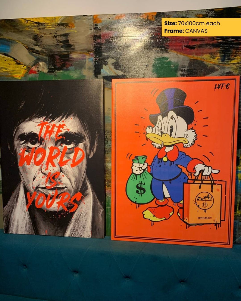 Two artworks displayed against a colorful abstract background. One depicts a character with text, the other is a cartoon figure with a top hat and bag.