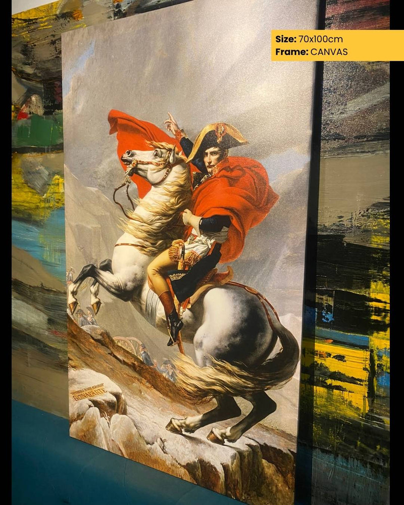Canvas print of a historical painting of a man on horseback with a red cloak.