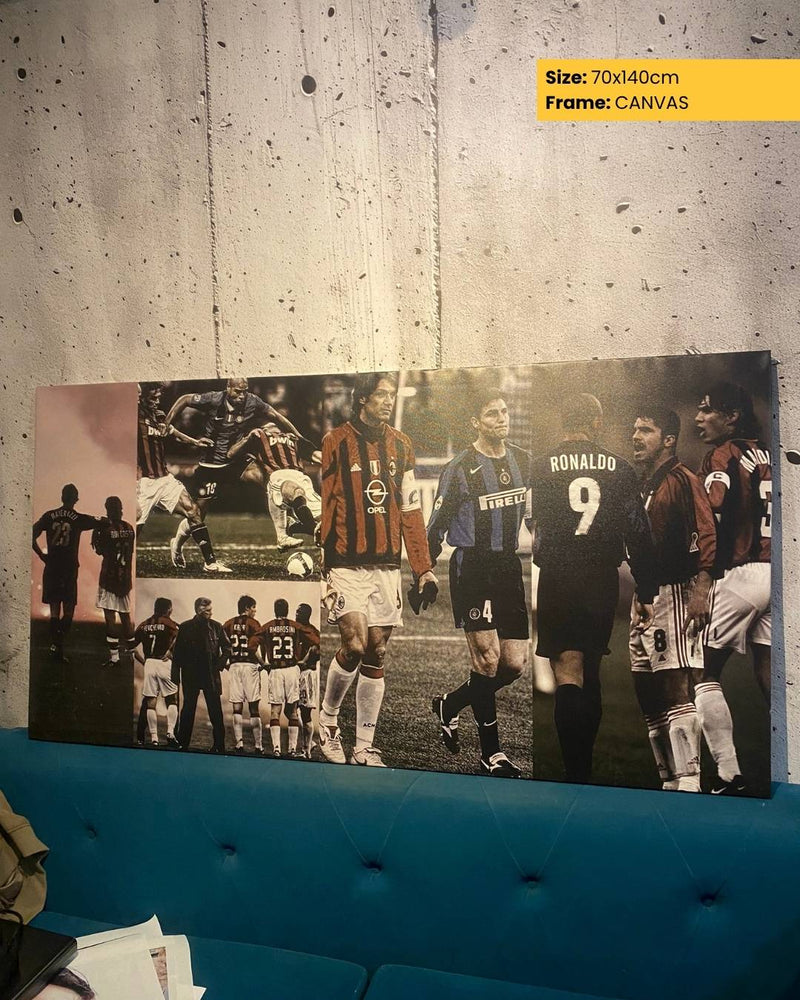 Canvas print of soccer players on a textured wall with a sofa in the foreground.