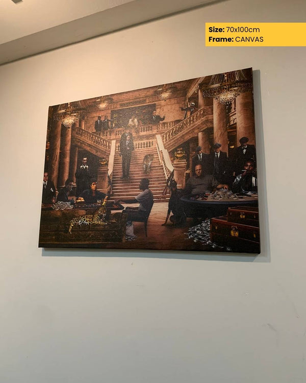 Canvas print of a formal event with people on a staircase, displayed on a wall.