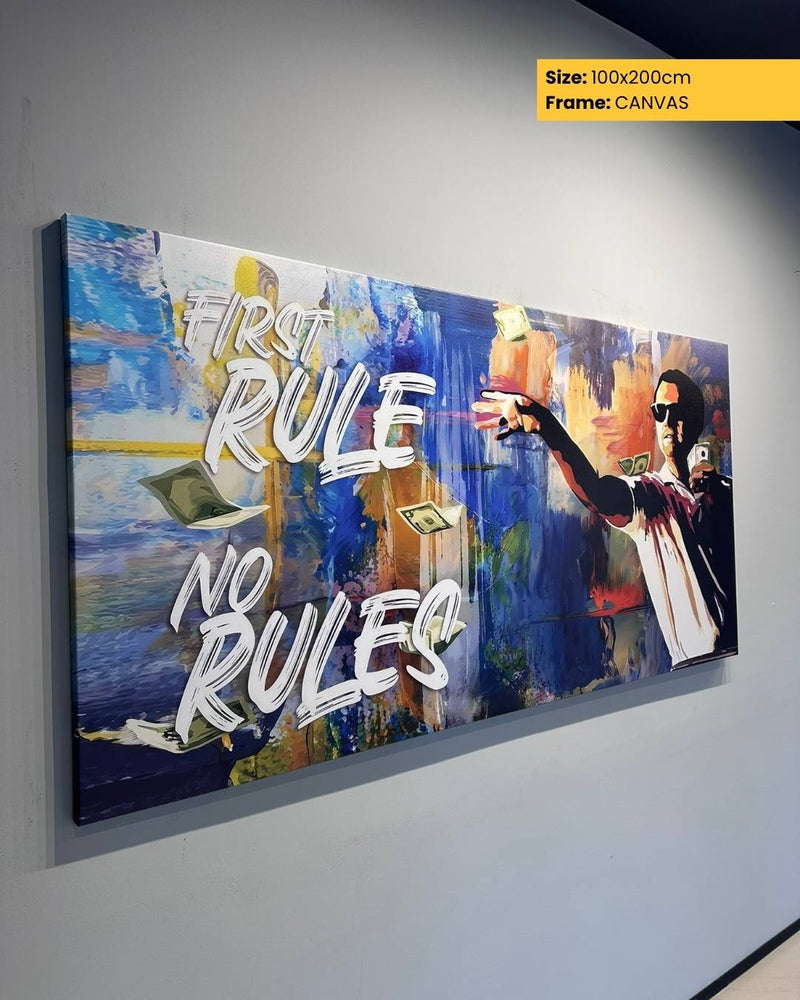 Colorful abstract painting with text and a person holding a phone on a gray wall.