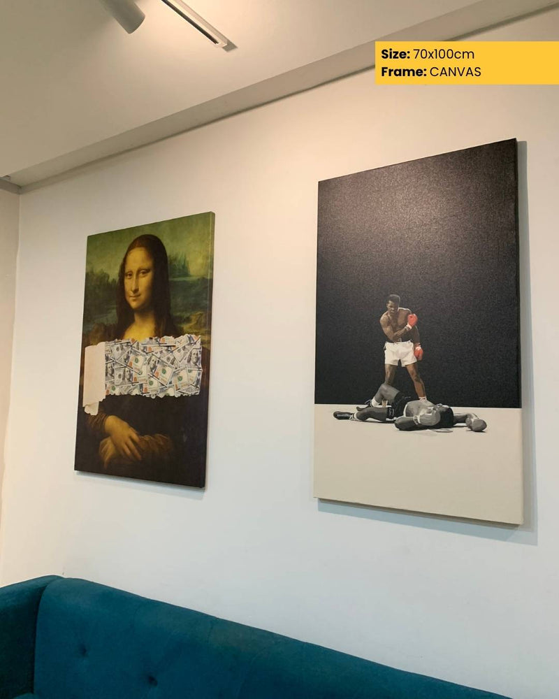 Two artworks on a wall, one resembling the Mona Lisa and the other a dog in a white outfit.