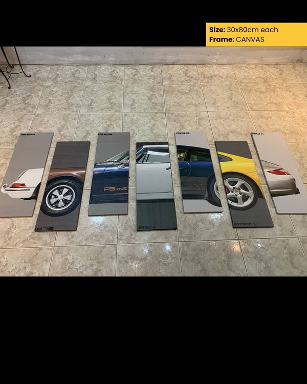 Set of car-themed canvases on a tiled floor with a yellow border indicating size and frame details.