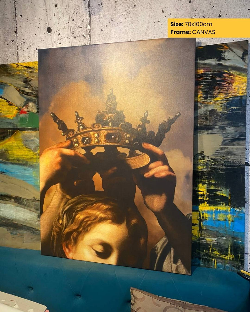 Canvas print of a classical painting with a crown on a textured surface