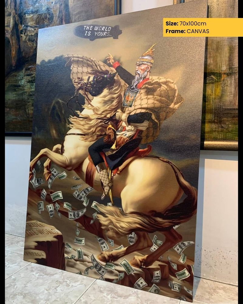 Canvas print of a painting with a horse and rider, surrounded by money, on a textured surface.