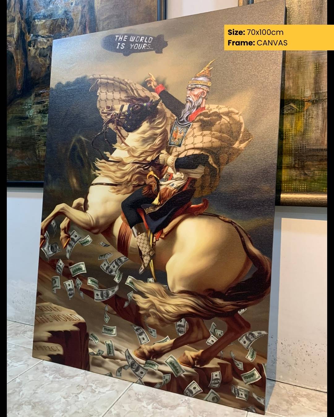 Canvas print of a painting with a horse and rider, surrounded by money, on a textured surface.