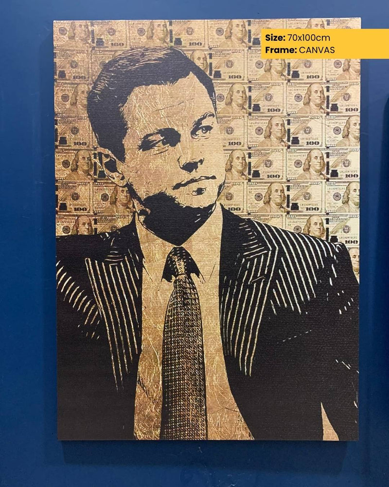 Canvas print of a man's portrait made from dollar bills on a blue background