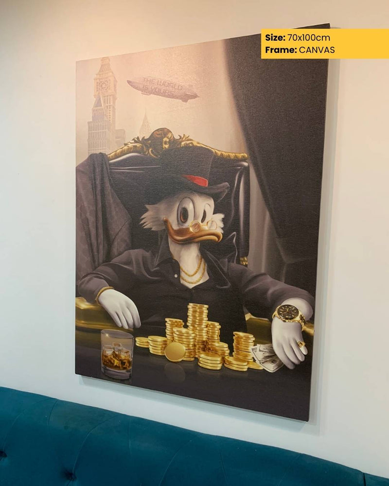 Canvas print of a stylized duck character with money and drinks on a wall.
