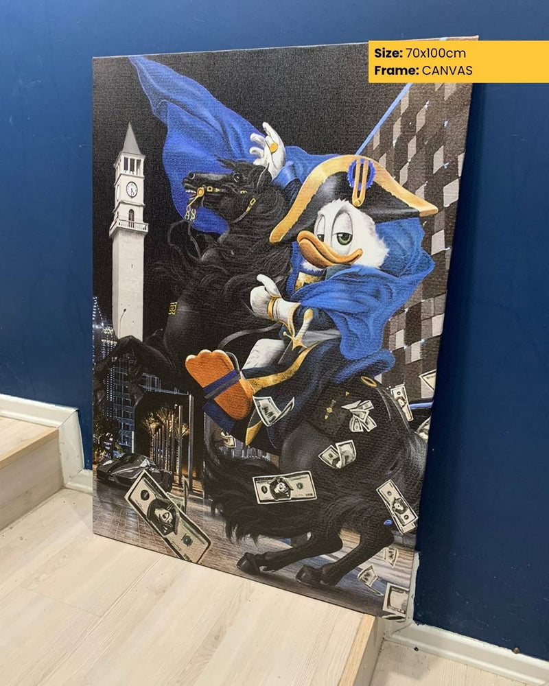 Canvas print of a cartoon character riding a horse with a cityscape background.