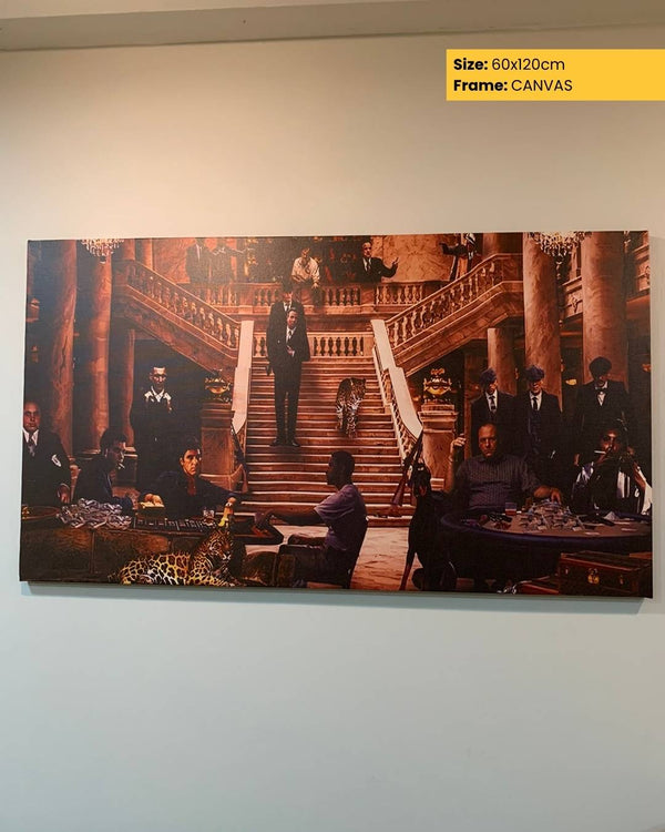 Canvas print of a formal event with people on a staircase and at tables.