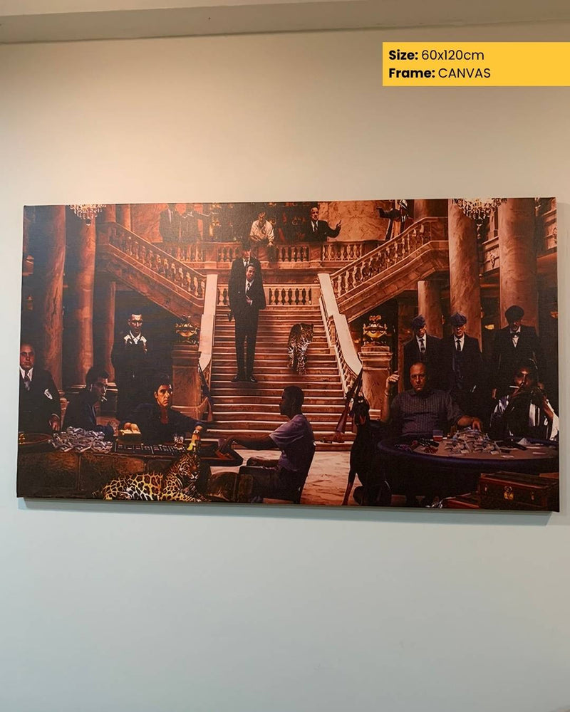 Canvas print of a formal event with people on a staircase and at tables.