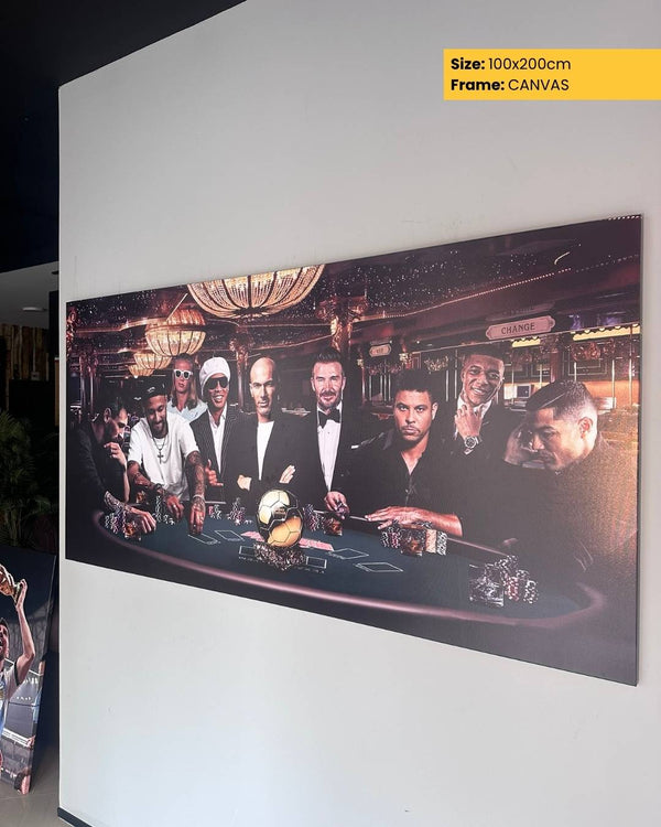 Large canvas print of a group of men around a casino table on a wall.