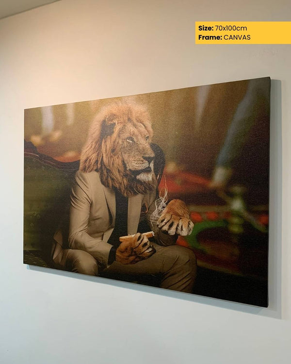 Canvas print of a person with a lion's head sitting on a couch, displayed on a wall.
