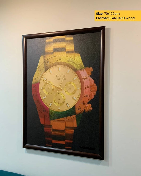 Framed artwork of a colorful watch on a wall