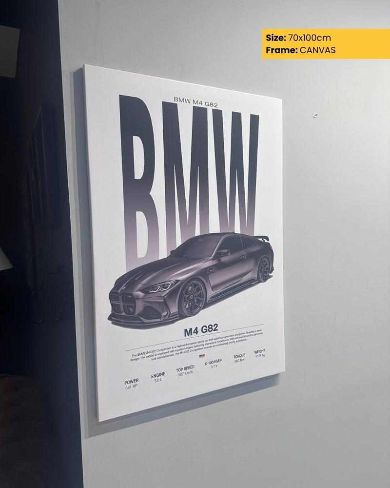 BMW M4 G82 car poster on a gray wall with 'Canvas' text above.