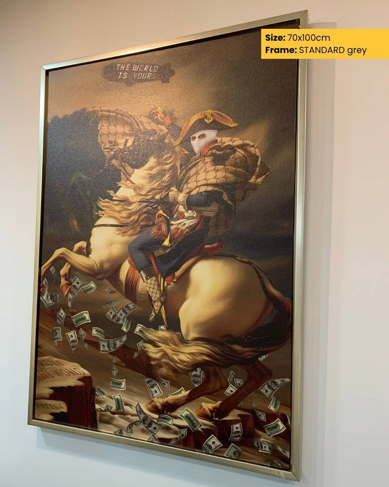 Framed artwork of a person on horseback with money falling, size 70x100cm, standard gray frame.