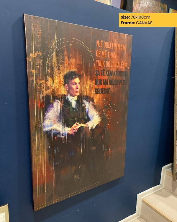 Canvas print of a man in formal attire on a blue wall