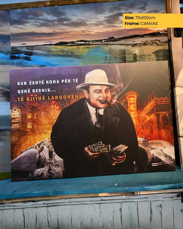Canvas print of a stylized portrait with a cityscape background, featuring text and a hat.