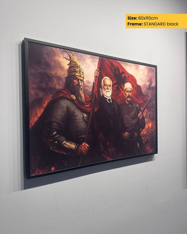 Framed artwork of three figures with a red banner on a gray wall.