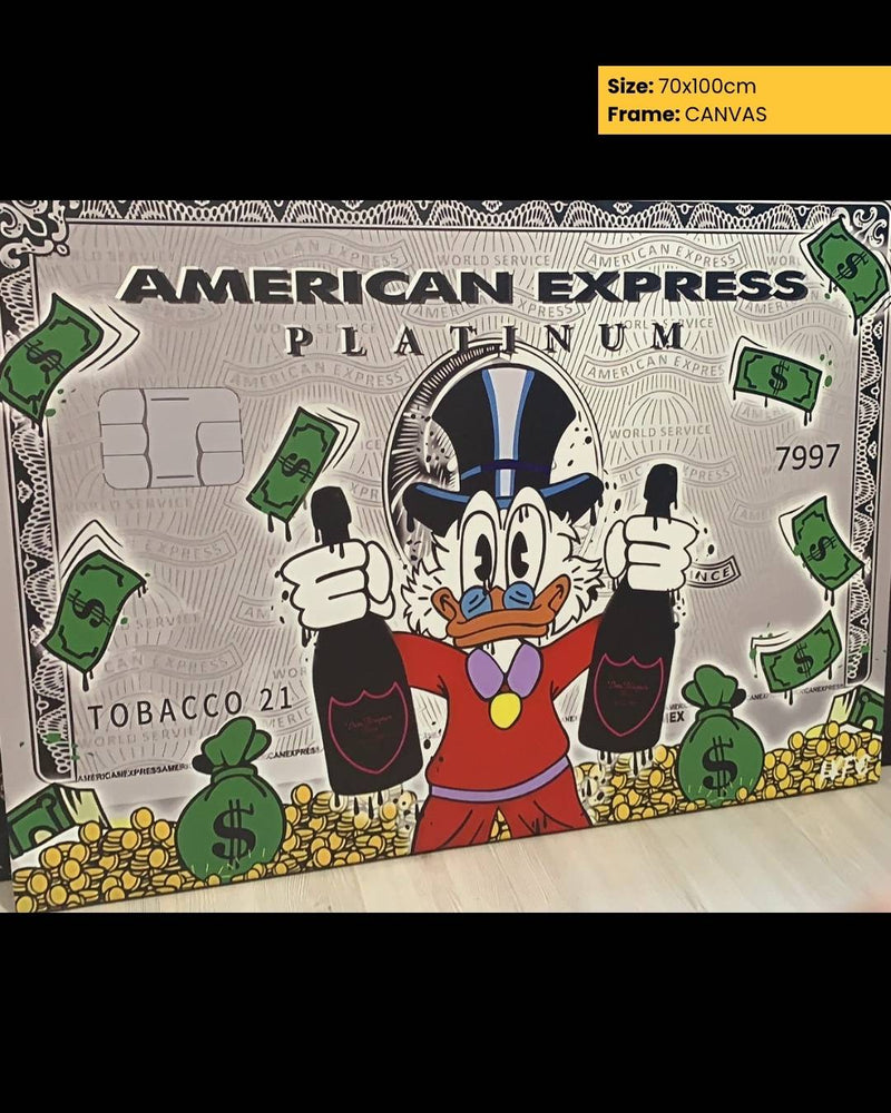 Cartoon character holding money bags with American Express Platinum branding on a canvas background.