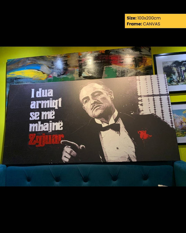 Canvas print of a man in a tuxedo with text on a colorful background