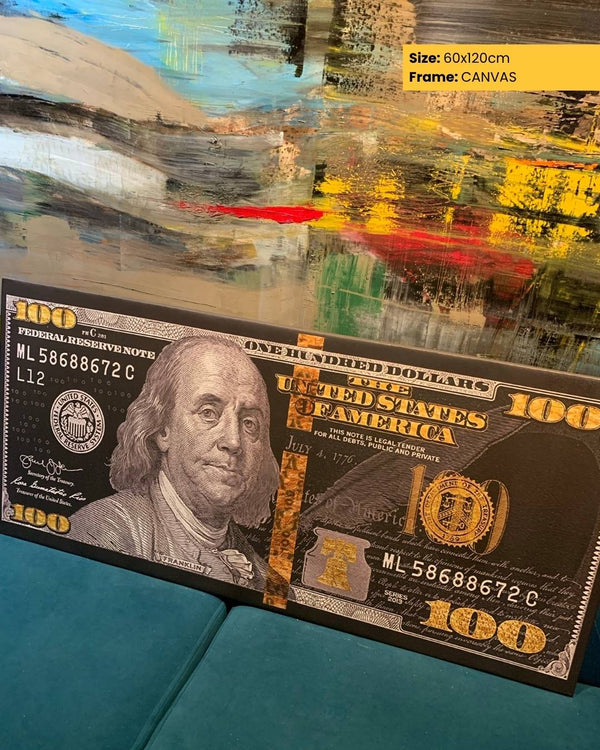 Framed artwork of a $100 bill with Benjamin Franklin's portrait on a textured background.