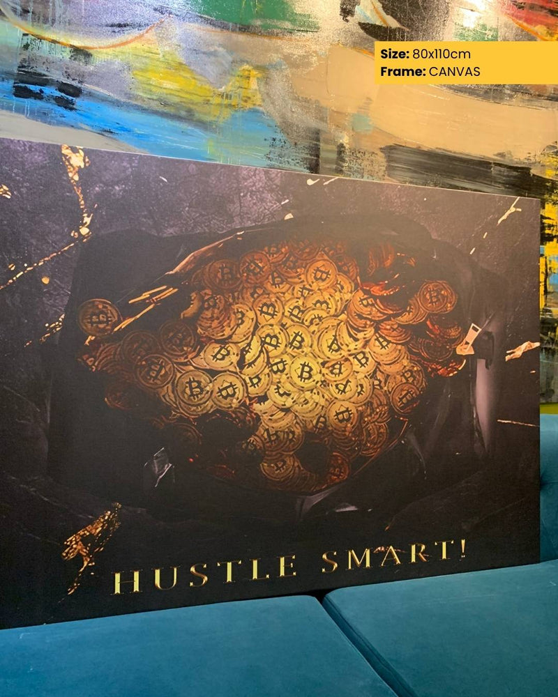 Canvas print with piggy bank design and 'Hustle Smart!' text on a textured surface.