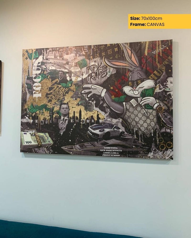 Canvas print with a stylized depiction of Bugs Bunny and other elements on a white wall.