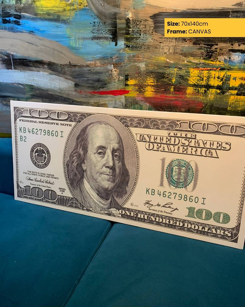 100 USD bill on a textured surface with abstract art in the background