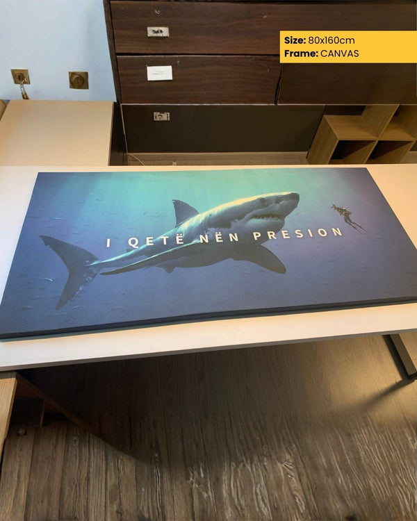 Canvas print of a shark with text on a table, size 80x180cm, frame canvas.