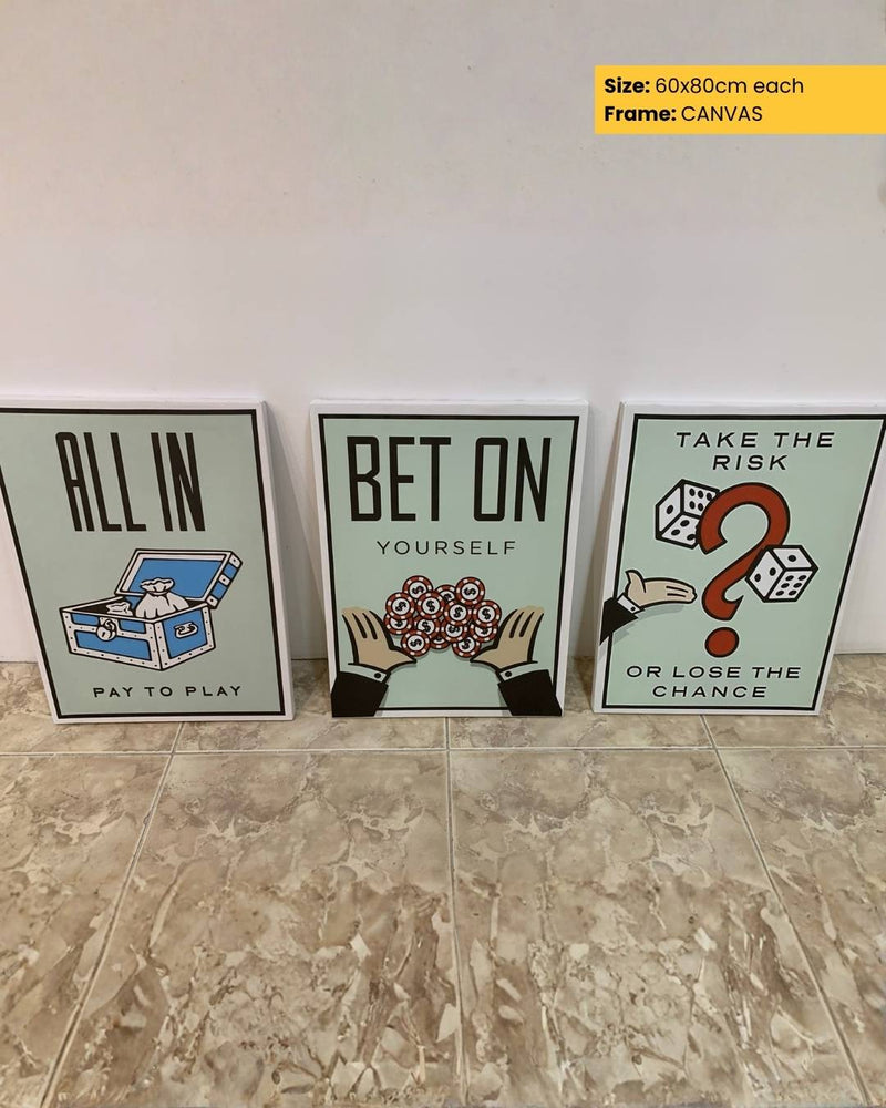 Three motivational posters with text and graphics on a tiled floor.