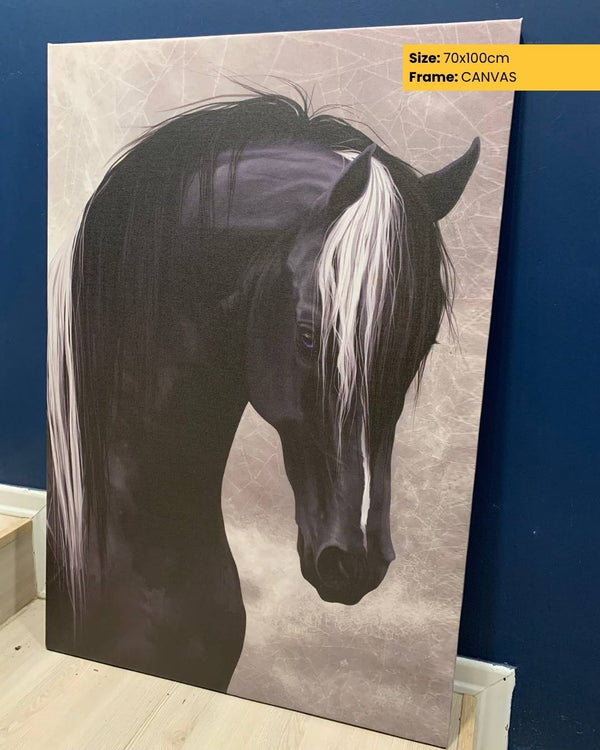 Canvas print of a horse's head against a blue wall