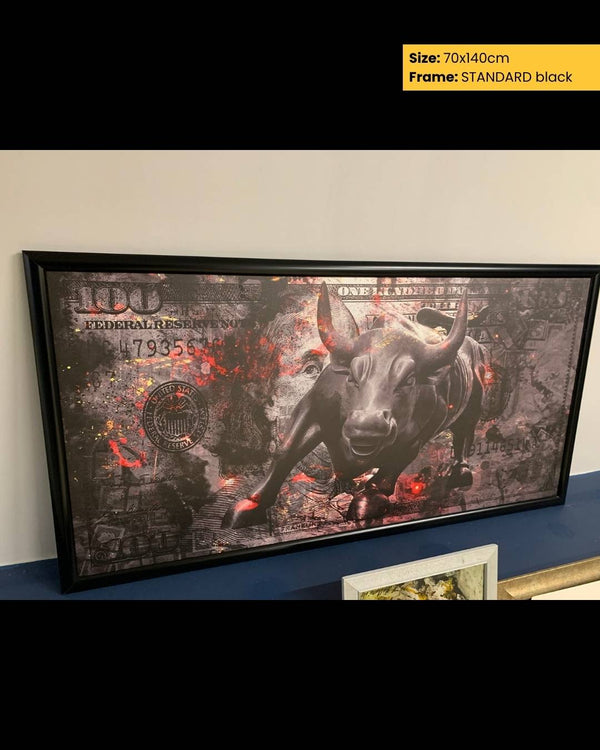 Framed artwork of a bull on a textured background with 'Federal Reserve' text.