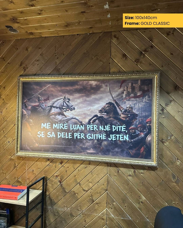Framed artwork with a warrior scene on a wooden wall.