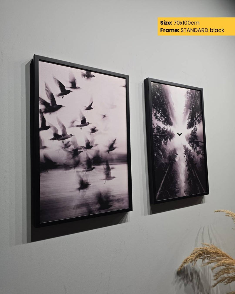 Two framed artworks on a wall with a size and frame type label.