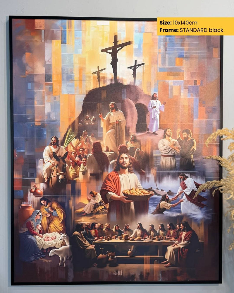 Framed artwork depicting various scenes with religious figures on a colorful background.