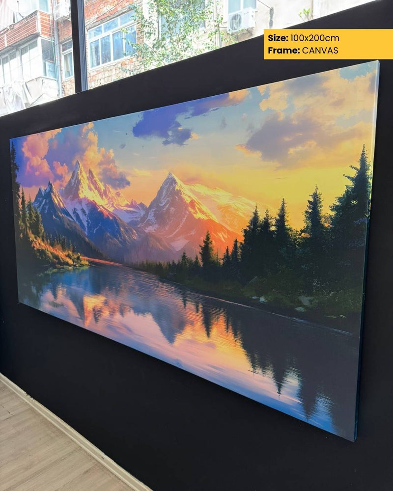 Canvas print of a mountain landscape with a lake, displayed on a wall.